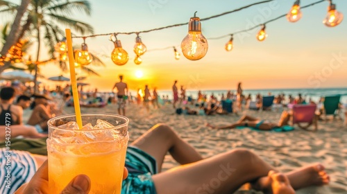 A glass of orange juice with ice and a straw, held by a person on a beach at sunset.