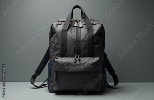 Black backpack isolated on gray background. Modern design, new model, empty space for text or logo. Schoolbag, travel bag, urban style, casual wear, adventure, hiking, journey, office, mock up.
