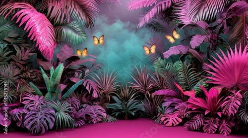 A tropical jungle scene with vibrant pink, purple, and green foliage, and three yellow butterflies.