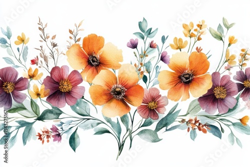 Watercolor floral arrangement vibrant botanical blooms leaves and delicate on White Background. Generative Ai
