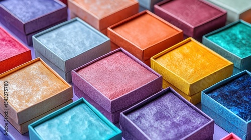 Colorful array of eyeshadow palette squares vibrant cosmetic beauty product photography makeup concept