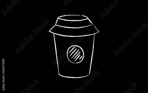 Hand-drawn coffee to-go cup doodle icon on black background. Chalk  takeout coffee illustration.