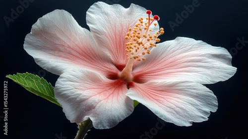 Elegant hibiscus bloom radiating pristine petals illuminated against a dark background delicate floral beauty