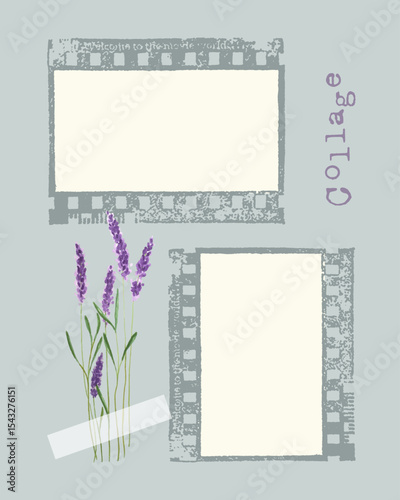 Photobook Collage, vintage template with film frame, scrapbooking, watercolor lavender.