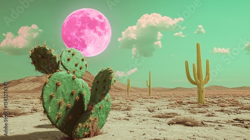 A surreal desert scene with a large pink moon, cacti, and mountains.