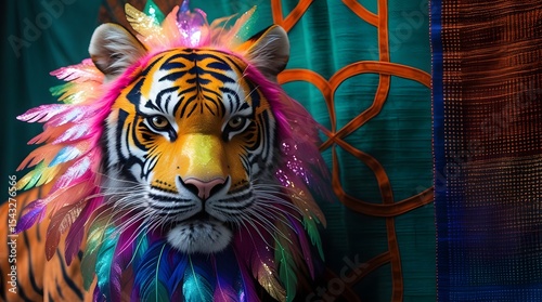 Vibrant Rainbow Tiger Portrait with Psychedelic Geometric Backdrop