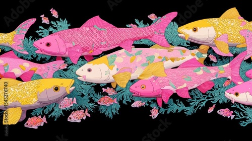 A group of colorful fish swim together in a vibrant underwater scene.