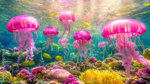 A vibrant underwater scene featuring a multitude of pink and purple jellyfish, surrounded by a diverse array of colorful coral and fish.