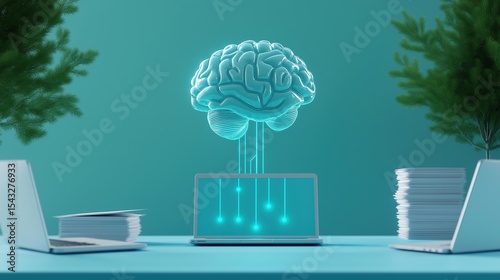 Robotic brain integrated in corporate system image render 3d. Improving digital data analytics online with AI background realistic graphic. Conceptual idea, visual storytelling