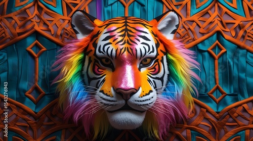 Vibrant Rainbow Tiger Portrait with Psychedelic Geometric Backdrop