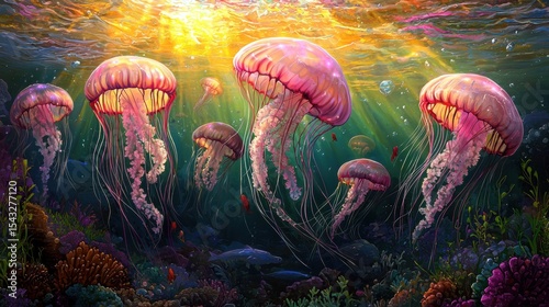 A group of jellyfish swim in the ocean, surrounded by coral and other marine life.