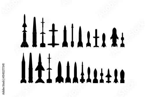 Black missile icon collection. Combat rocket weapons. Set of weapon and rocket symbol. Missile silhouette collection. Vector eps 