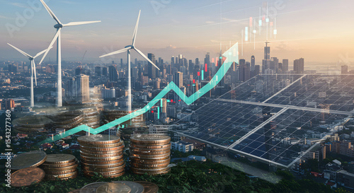 Renewable energy investment and city infrastructure growth with wind turbine, solar panel, finance stack and stock market increase in clean energy development