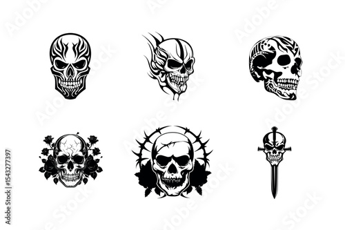 Six tribal skull silhouettes set
