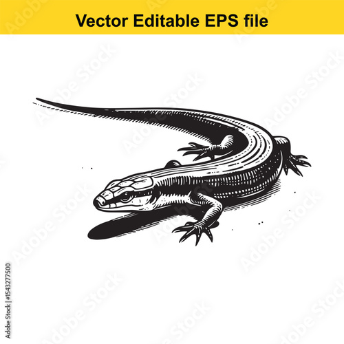 Intricate Woodcut Illustration of a Sleek Skink A Detailed Reptilian Study with Artistic Depth and Striking Contrast