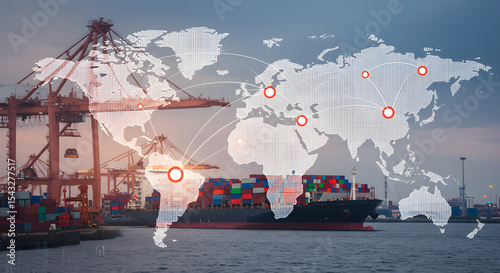 Global trade logistics and export shipping with container cargo ship and digital world map overlay showing international market connection and economy