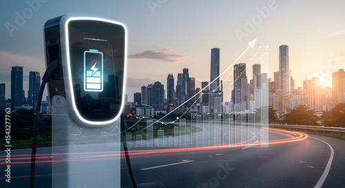 Electric car technology advancement with battery charge symbol and rising energy graph in futuristic city infrastructure and green transport growth