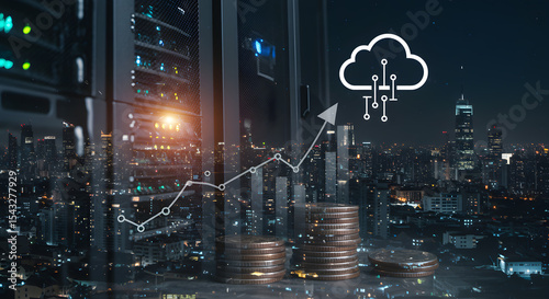 Cloud computing and server data technology in digital finance with coin stack and upward chart symbolising virtual economy and online storage growth