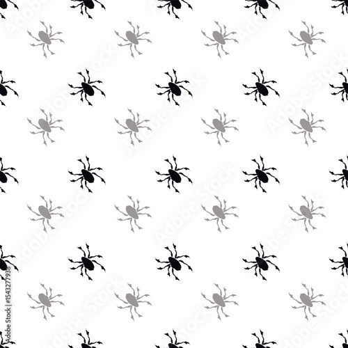 Halloween seamless diagonal pattern with silhouette spiders. Vector hand drawn illustration. Tiny black arachnids on white background. October fall holidays backdrop for packaging, print. Monochrome.