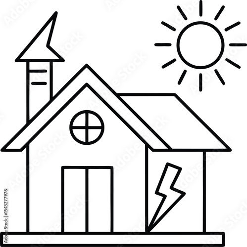 Solar energy vector Line art illustration Energy Efficient Home with Sun and Lightning Bolt