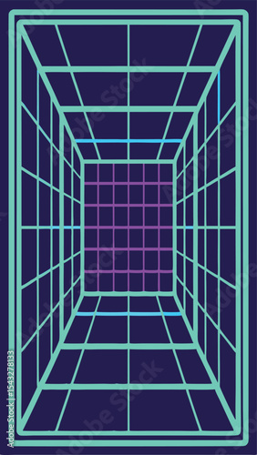 Abstract perspective grid in cyan purple and blue colors on transparent background