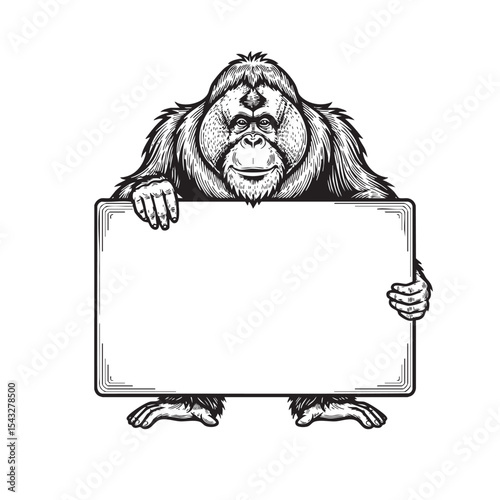 Gentle orangutan holding a rectangular sign, black and white engraving-style vector perfect for eco-themed campaigns or wildlife education visuals.