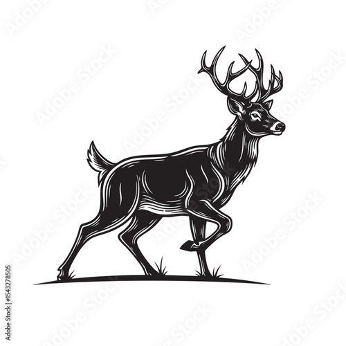 Elegant black and white vector of a walking stag with detailed antlers, ideal for wildlife logos, forest products or vintage outdoor themes.