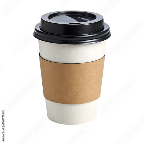 Disposable coffee cup with lid and sleeve isolated on transparent background