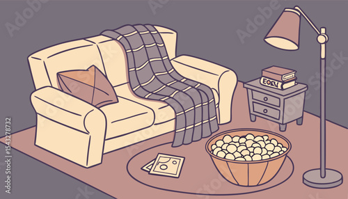 Dark indigo living room, cozy movie night setup. Warm lighting, plush sofa, blankets, popcorn. 