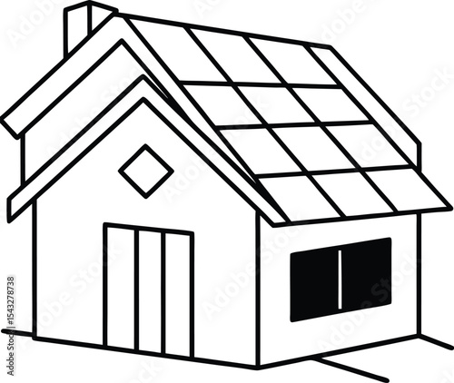 Solar energy vector Line art illustration Rooftop Solar Panels on a Modern House