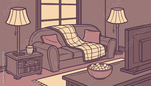 Dark indigo living room, cozy movie night setup. Warm lighting, plush sofa, blankets, popcorn. 