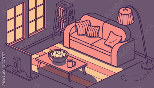 Dark indigo living room, cozy movie night setup. Warm lighting, plush sofa, blankets, popcorn. 