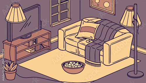 Dark indigo living room, cozy movie night setup. Warm lighting, plush sofa, blankets, popcorn. 
