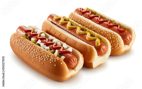 A Professional Food Photography Shot of Delicious Hot Dogs with Mustard, Ketchup, and Onions