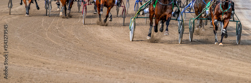 Slika na platnu Equestrian sport. Horses compete in harness racing. Copy space
