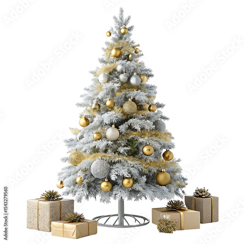 Snow covered christmas tree gold ornaments isolated on transparent background