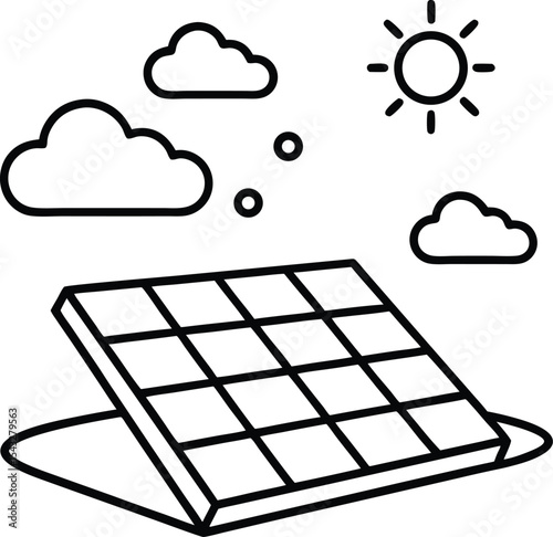 Solar energy vector Line art illustration Solar Panel Field Under Sunny Sky