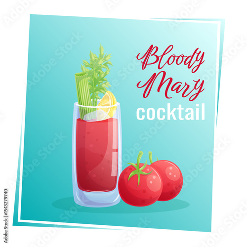 Bloody Mary cocktail in a glass, celery, tomato, on a blue background. The concept of a party, cocktail bar, summer. Isolated vector illustration for menu design, posters, banners, covers