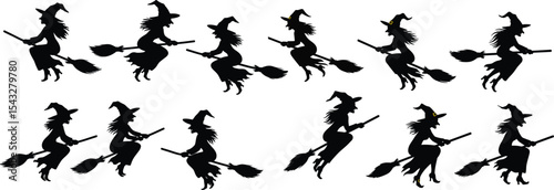 Silhouette Witches Flying on Broomsticks Halloween Clipart Set
