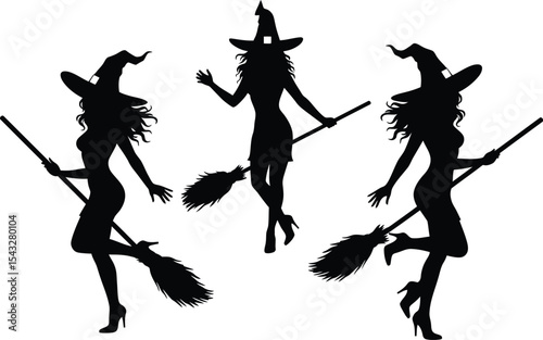 Silhouette Illustrations of Witches on Broomsticks Halloween Vector Art
