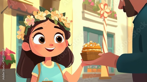 A girl in a flower crown holds a basket of flowers, offering them to a man.