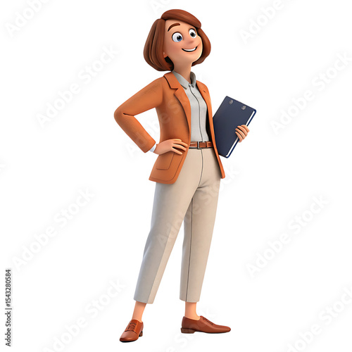 Smiling cartoon businesswoman holding clipboard isolated on transparent background