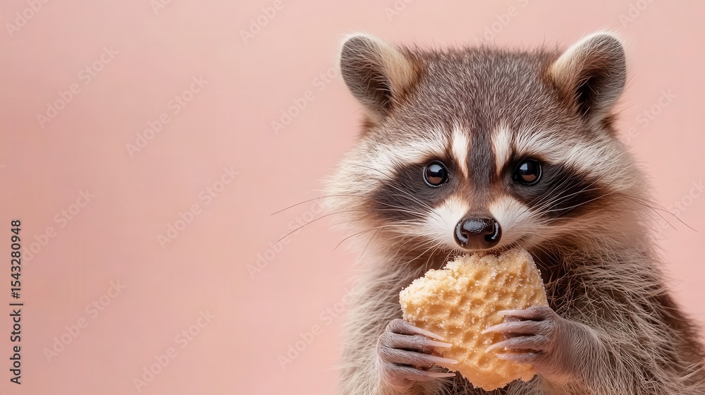 Obraz premium An adorable raccoon delicately holds a waffle snack, portraying the playful and curious nature of wildlife while inviting joy and warmth into the scene.
