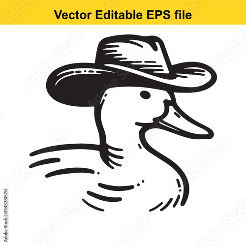 Whimsical Duck Portrait A Monochromatic Illustration of a Duck Wearing a Cowboy Hat in Vector Style