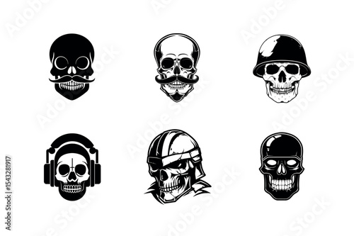 Six skull silhouettes mustache helmet headphones