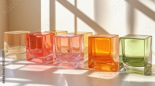 Artistic Arrangement of Vibrant Square Glass Vases Displayed in Warm Light on a White Surface Simple Minimalist