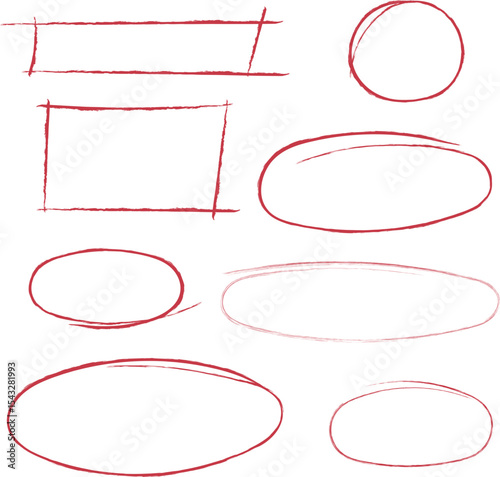 Set of hand drawn red round circles, oval strokes, and rectangular scribbles, highlighter design element, doodle marks. For business, text and communication.