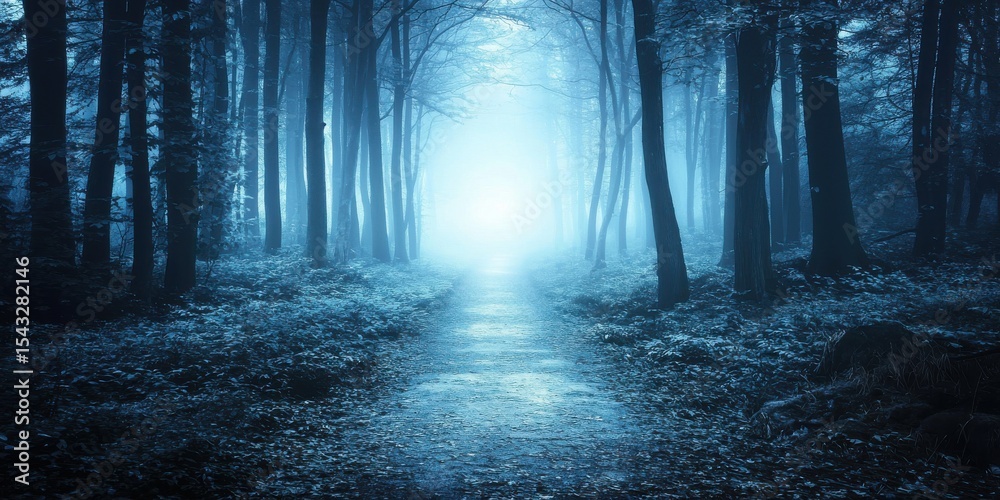 Fototapeta premium A misty forest path illuminated by eerie blue light creates a mysterious and tranquil atmosphere.