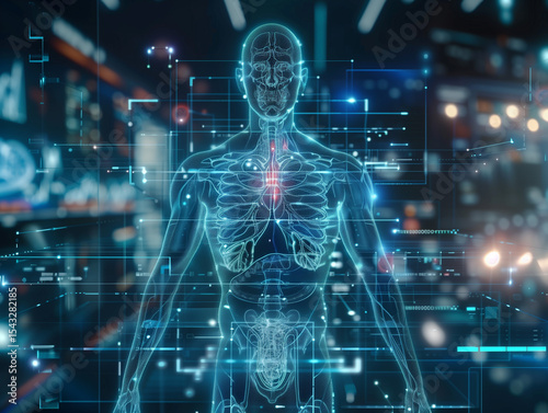 Holographic Human Anatomy Model with AI-Generated Diagnostics, Neural Networks Display Real-Time Heart Rate in a Medical Blue and White Environment