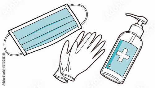 Create a vibrant vector illustration set featuring a medical mask, gloves, and hand sanitizer bottle. Depict realistic details for a clean, professional medical aesthetic       